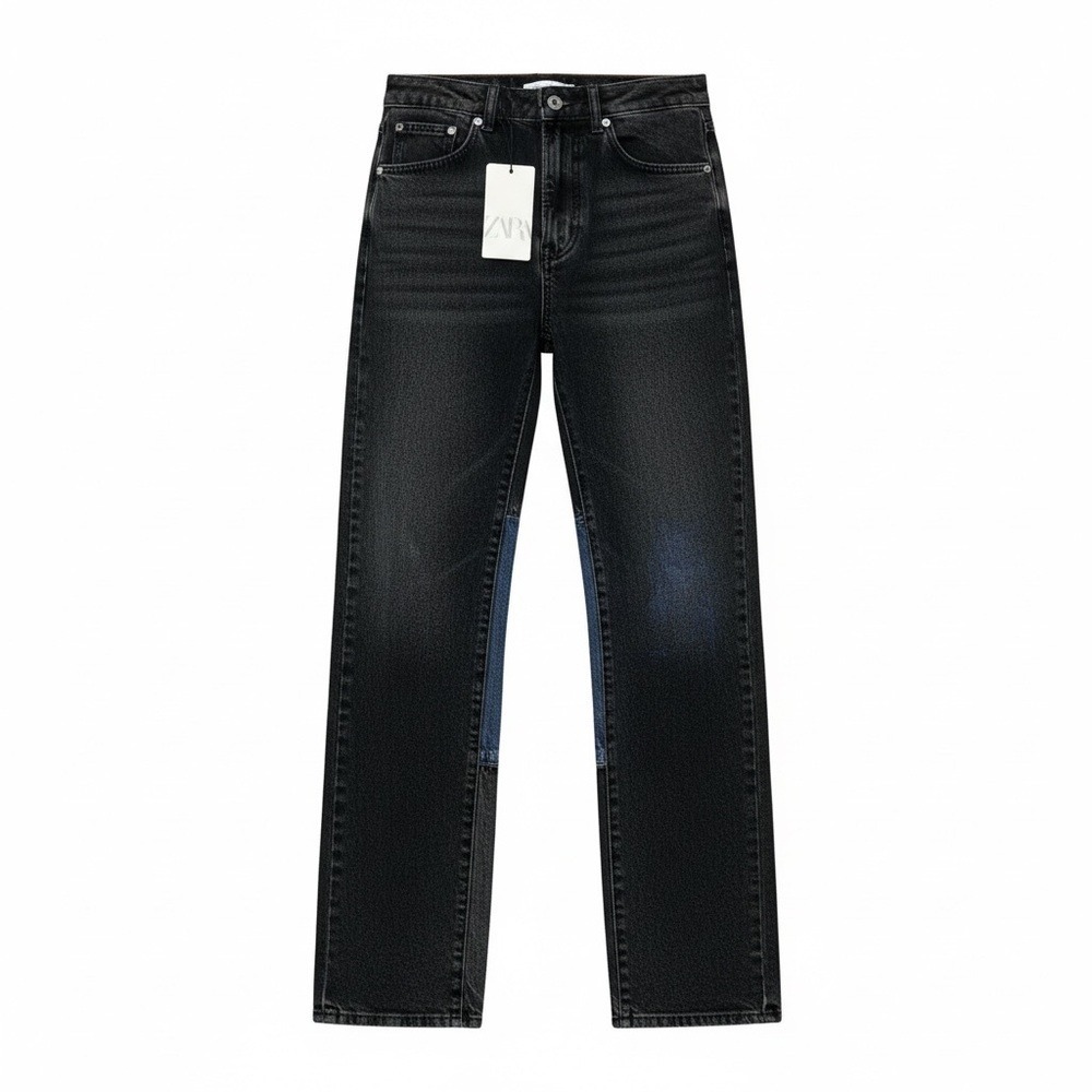 Zara Jeans Mens 30 Black Colorblock Straight Leg Patchwork Mid Waist Denim